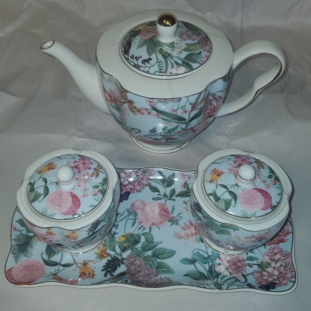 Elegant Floral Teapot Set with Tray